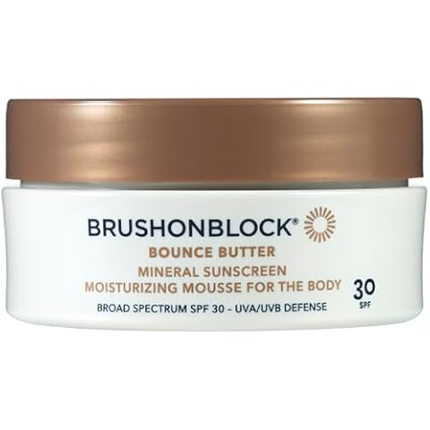 Brush On Block Bounce Butter SPF 30 Mineral Sunscreen Moisturizing Body Mousse, UVA/UVB Protection, Fragrance-Free, Blurs Imperfections Cover