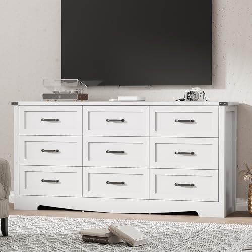 Image of Dresser for Bedroom with 9 Drawers, 59 inch Wide Modern Chest of Drawers with Deep Drawers & Mental Handle, Wood Dresser TV Stand, Wooden Closet Storage Organizer for Living Room, Hallway, Entryway, White