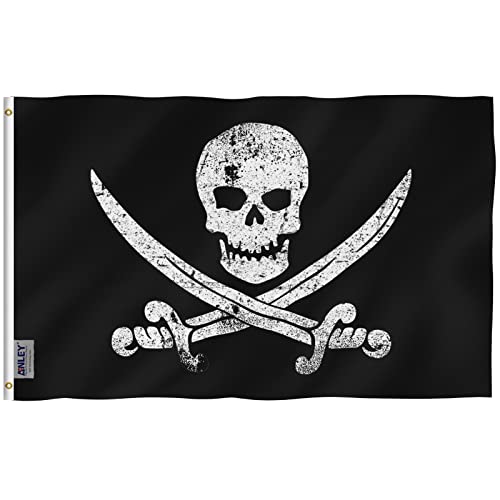 Anley Fly Breeze 3x5 pés Jack Rackham Pirate Flag - Cabeçalho de lona e costura dupla - Jolly Roger