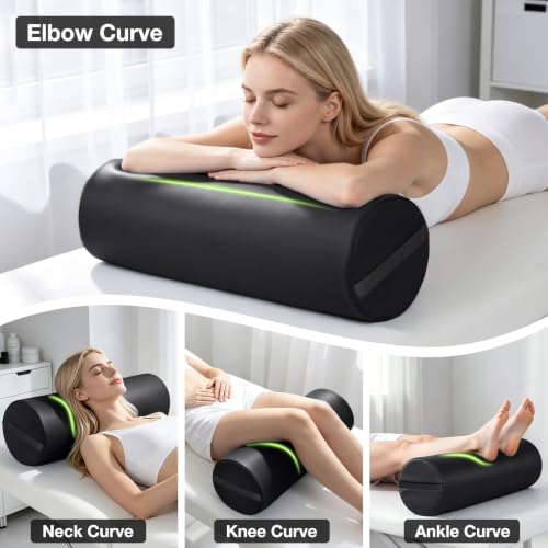 Image of Full Round Bolster Pillow, 26 inch x 9 inch PU Leather Massage Table Bolster with Strap Handle, Massage Pillow for Knee Back Ankles Pain Relief, Comfortable Leg Bolsters Cylinder Pillow for Home / Spa / Yoga
