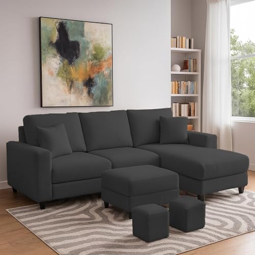 Image of Casaliving Rolando Seater L Shape Sofa Set for Living Room Right Side (Black, 4 Seater with Ottomon - RHS)