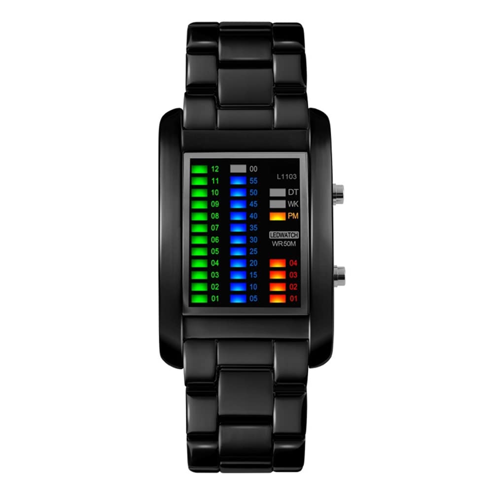 Fashion Unico Binario Relojes de Pulsera Unisex 50M Impermeable Fecha Multicolor LED Luz Outdoor Deportivo Digitales Electrónica Rectangular Acero Inoxidable Reloj, Negro