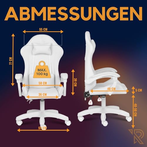 Ranqer Apollo Gaming Stuhl, Bürostuhl PC Stuhl, Gamer Stuhl mit Kopfstütze, Lendenkissen und Armlehnen, verstellbare Rückenlehne 90-135°, Gaming Sessel, Weiß