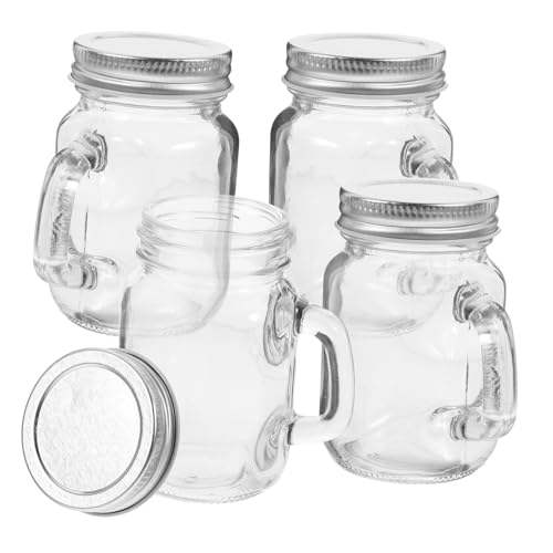 iplusmile 4pcs Mini Mason Jar Glass Drinking Jar with Handle and Leakproof Lid for Outdoor Picnics and Kitchen Storage of Jams and Desserts