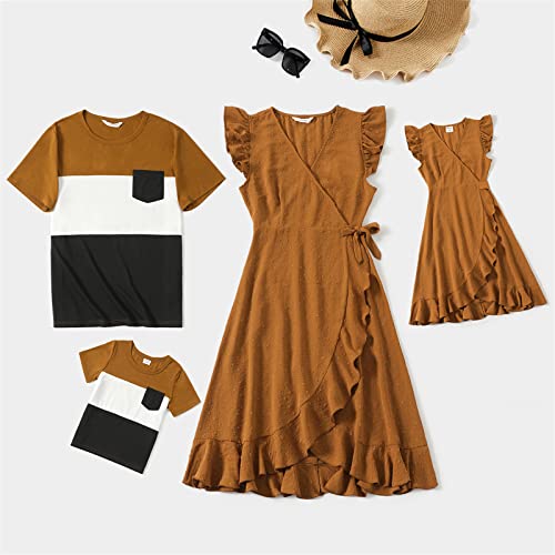Patpat Family Matching Outfits Mother Daughter Ruffle Flutter-Sleeve Wrap V-Neck Polka Dots Belted Ruffle Dresses And Colorblock Short-Sleeve T-Shirts Sets Casual Khaki Men Xl #TOP5