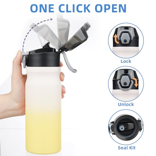 Image of BJPKPK 18 oz Water Bottle with Straw & Handle, Insulated Stainless Flask | Leak Proof Locking Lid, Thermal, Double Wall Vacuum, Keeps Hot /Cold, BPA Free, Dishwasher Safe, Travel & Sports, Lemon