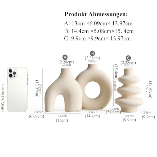 Weiße Keramikvase Satz von 3, kleine Blumenvasen für Pampasgras, Moderne Boho Vasen für Dekor, runde weiße Vasen Mittelstücke für Hochzeit Wohnzimmer Schlafzimmer Couchtisch Eingang – Bild 4