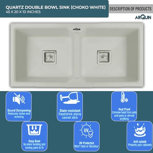 Image of ARQUIN Double Bowl Quartz Kitchen Sink 45x20x9 Inch Sand Choco | Undermount,Topmount | Including Coupling,Sink Connector,Waste Pipe & Fruit Washing Basket
