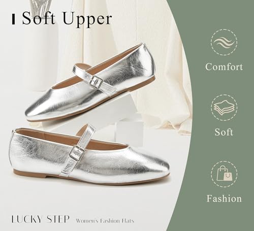 LUCKY STEP Women's Mary Jane Flats Buckle Strap Ballet Dress Pointed Toe Daily Casual Low Heel Faux Leather Formal Wedding Shoes3