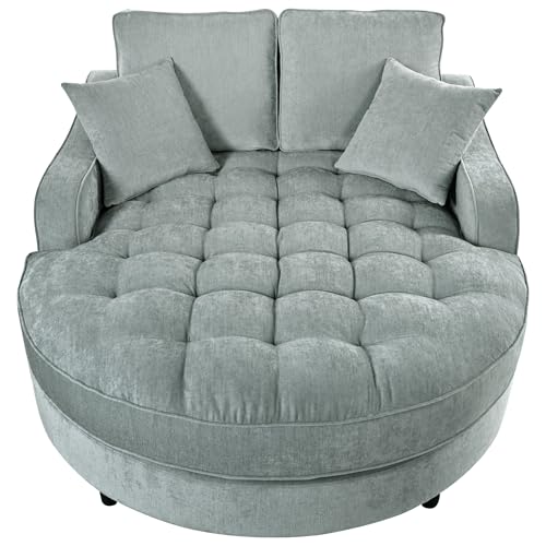 Image of Christopher Knight Home 55 Inch Modern Chaise Lounge Sofa Bed, Upholstered Chenille Lounge Couch with Tufted Seat and Detachable Pillows Curved Accent Sofa for Living Room, Blue