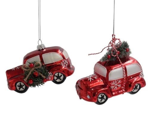 2er Set Christbaum Schmuck Anhänger Weihnachten Auto rot Glas Deko...