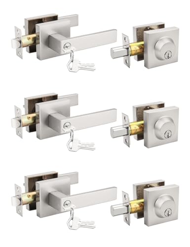 Tinewa 3 Pack Brushed Nickel Keyed Alike Front/Exterior Door Levers with Single Cylinder Deadbolt, Square Entry Door Knob Lock Sets with Deadbolt Combination Sets, for Entrance/Front and Office Doors