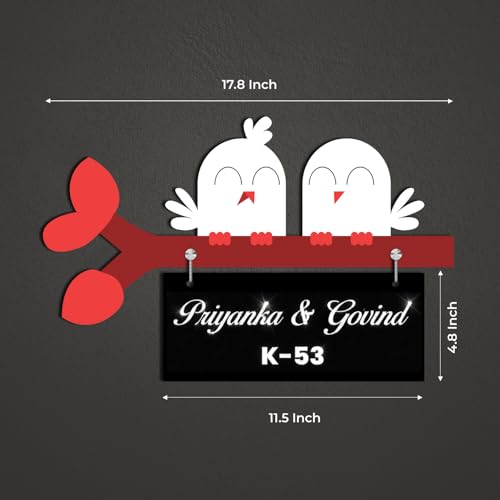 Image of Love Birds Hanging Nameplate for Home Entrance | Customized Name Plate with MDF & Acrylic | Decorative Wall Name Plate for Indoor Use