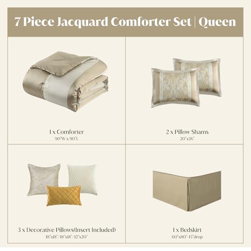 Image of CozyDH Luxury Comforter Set Queen Size, Champagne Beige, 7 Piece Bed in a Bag Jacquard Vintage Floral Damask, All Season Down Alternative Bedding with Bed Skirt, Shams, Decorative Pillows