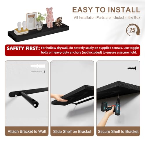 Image of 48 Inch Extra Long Floating Shelves, Set of 2 Deep Floating Shelves 12in Depth, Floating Shelves Long Heavy Duty Wood Shelves for Wall, Solid Wood Sleek Black