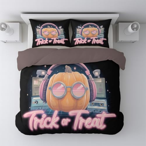 Orange Retro Cassette Pumpkin Headphones Bedding Microfibre with Pillowcases Duvet Cover Halloween Themed Single（53x79）