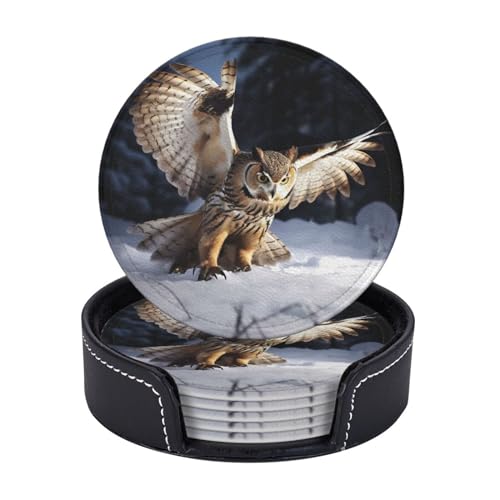 ドリンク用ラウンドコースター6個セット、ホルダー付きPUレザーコースター、コーヒーテーブル用4インチドリンクコースター、卓上保護ドリンクカップマット用フライングフクロウカップコースター