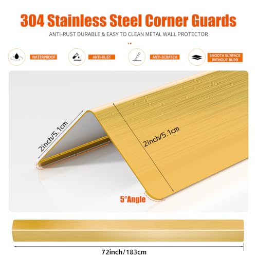 Image of 304 Stainless Steel Wall Corner Guards (10, Golden, 2x2x72 Inches)