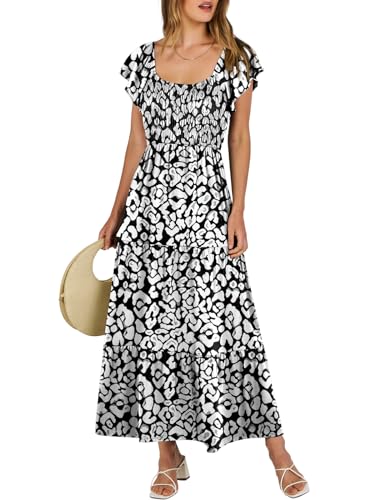 ANRABESS Women’s Casual Summer Maxi Dress Flutter Short Sleeve Scoop Neck Smocked A Line Flowy Beach Vacation Long Dresses