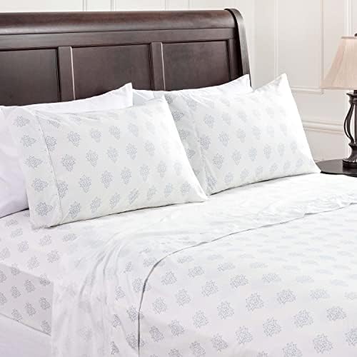 Chanasya Small Damask Printed Victorian Patterned Queen Bed Sheet Set 4-Piece - 1 Flat 1 Fitted Sheet 2 Pillowcases - Ultra Soft Wrinkle Fade Stain Resistant Luxurious Microfiber Sheets - White
