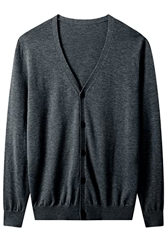Zhili Men'S Wool Blend V-Neck Button-Front Cardigan Sweater_Dark Grey_Large