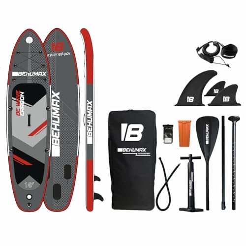 Tabla de Paddle Surf Be Wave Carbon 10' hasta 120kg, 305x81x15cm, Remo, hinchador, Mochila Impermeable, 3 Aletas, Kit de reparación, 7.5kg