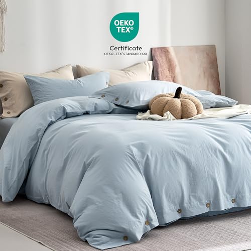 Image of JELLYMONI 100% Washed Cotton Duvet Cover Twin - Soft, Breathable Linen-Look Bedding with Natural Wrinkle Texture, Button Closure, 2-Piece Set (Mist Blue, 68 inchx90 inch)