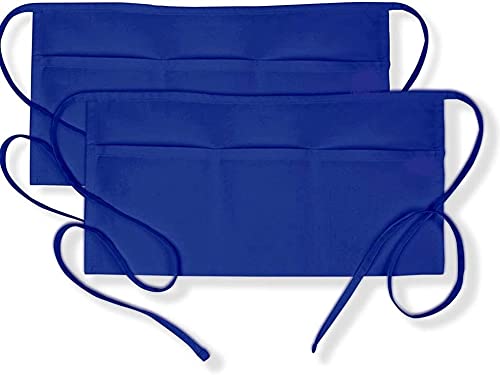 M I Fashions Waiter Aprons for Unisex Short Apron with 3 Pockets 100% Cotton Royal Blue Waist Apron for Serving Restaurants Bar Bistro Cafe Server Waitress Half Apron Pack of 2 (25 inch x 15.5 inch)