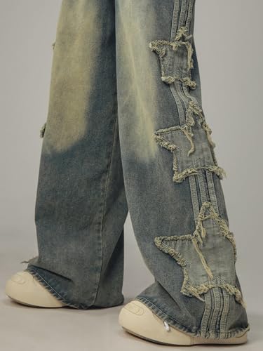 BAIMORE Women's Y2k Grunge High Waist Washed Distressed Star Patch Wide Leg Baggy Jeans3