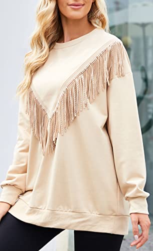 Pesion Womens Novelty Oversized Sweatshirt Crewneck Long Sleeve Fringe Trim Shirt Pullover Tops, Khaki, X-Large #TOP2