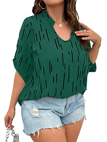Oyoangle Women's Plus Size Casual V Neck Striped Half Roll Tab Short Sleeve Blouse Shirt Top Green 4X-Large Plus #TOP17