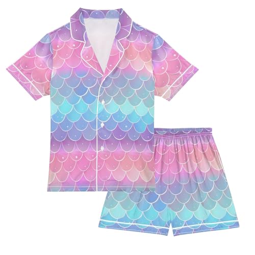 ALAZA Mermaid Fish Scales Stylish Satin Pajamas Set Short Sleeve Button Down Sleepwear Summer Pjs 2 Piece