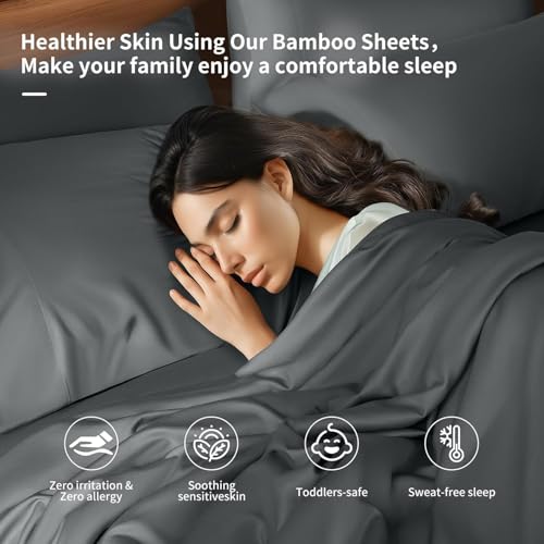 Image of Shilucheng 6 Piece King Sheet Sets, Cooling Sheets, Blend Rayon Derived from Bamboo, Deep Pocket Up to 16 inch, Breathable & Soft Bed Sheets, Hotel Silky Bedding Set, Dark Grey