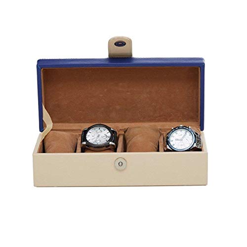 Image of Leather World Watch Box Organizer- 4 Slot Watch Storage Holder Display and Jewelry Case Collection Box Vegan Leather with Blue for Men and Women