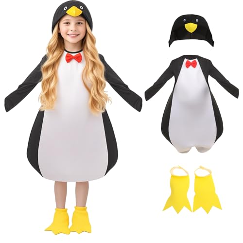 WEFONLLICOS 4PCS Penguin Costume Kids Animal Penguin Onesie Headpiece Feet Halloween Cosplay Outfits for Boys Girls (Medium)