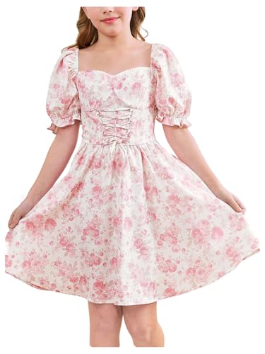 Floerns Girl's Floral Lace Up Short Corset Dresses Sweetheart Neck Puff Sleeve Flare Dress