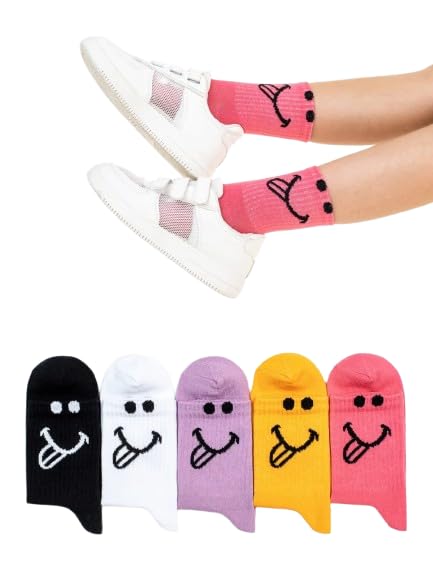 Unisex Cotton Crew Socks | 5 Pairs Funky Colorful Smiley Face Cotton Socks for Men & Women | Soft Casual, Sports, Gym & Running Mid Calf Socks | Fun Daily Use Gift_Free Size-image-1