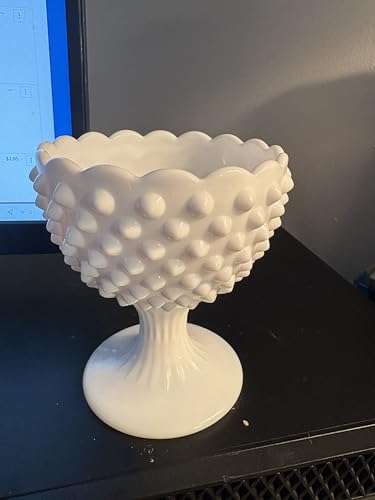 MILK GLASS HOBNAIL CRIMPED RIBBON EDGE IVY BALL COMPOTE VASE 4 AND 3/4 INCHES TALL