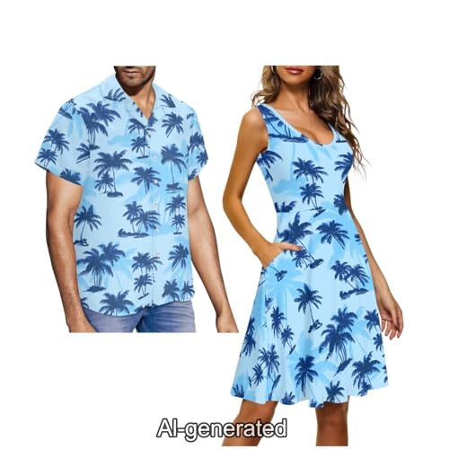 Image of Dreaweet Summer Dresses for Women A-Line Sleeveless Flowy Sun Dresses,Men's Casual Button-Down Shirts,Couple Matching Outfits