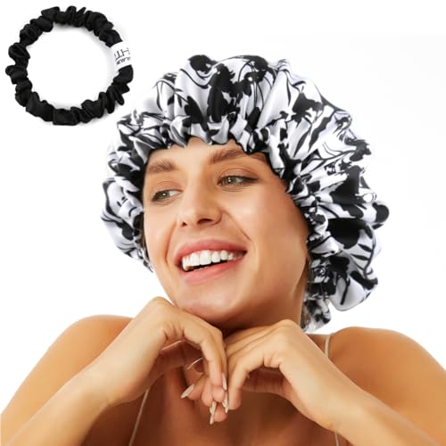 Image of Stain Bonnet Silk Sleep Cap Adjustable Satin Cap for Night Sleeping Hair Bonnet Reversible Double Layer
