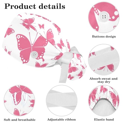 Image of Colored Butterflies Scrub Caps Women, Adjustable Working Cap with Button, Surgical Caps with Bow Hair Scrunchy