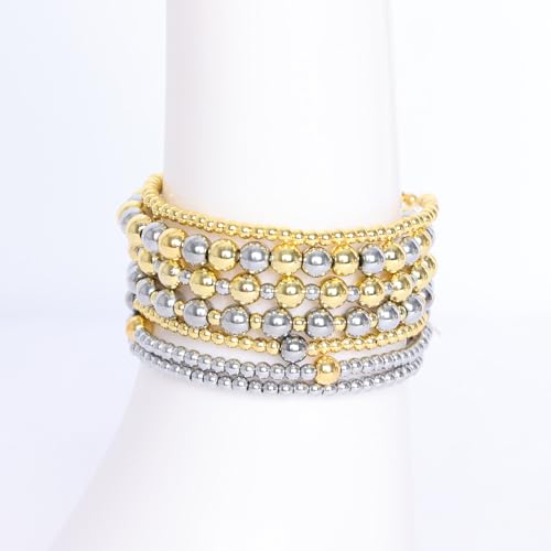 7Pcs Gold Bracelets for Women Gold Plated Beaded Bracelet Elastic Stretch Bead Ball Stack Set Stretchable Adjustable Gold Jewelry Gifts3