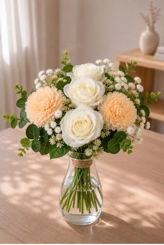 Image of Divyakosh Artificial Flowers for Home Decoration, Flora for Decor| Artificial Flowers for Vase (VASE NOT Included) Home Decor Items, Artificial Peach Dahlia & Rose Flowers Bunch for Vase