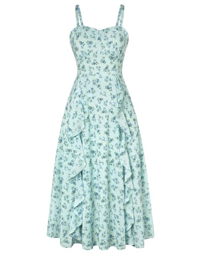 Image of Belle Poque Sun Dresses for Women Spring Summer Floral Midi Flowy Spaghetti Ruffle Wedding Guest Tea Party Dress