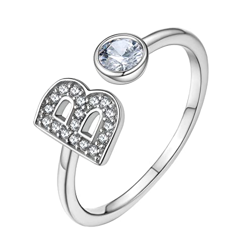 GoldChic Anillo Plata Ajustable Mujer Diamantes Alianza Esposa, Letra Plata Anillo Inicial B