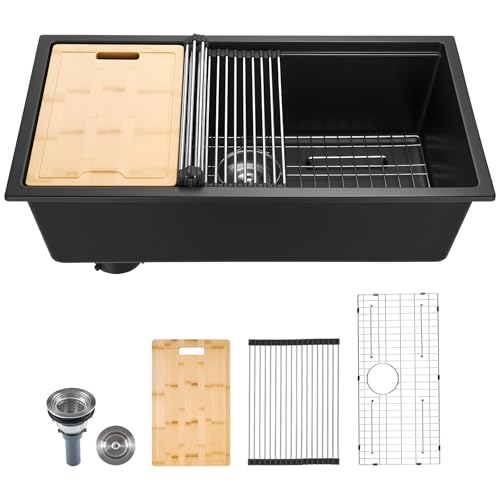 VEVOR Fregadero de Cocina de Granito 838 x 482 x 254 mm a Montaje en Superficie, Fregadero Empotrado de Estilo Rústico con Accesorios, para Autocaravanas, Cocinas de Preparación y Bares, Negro