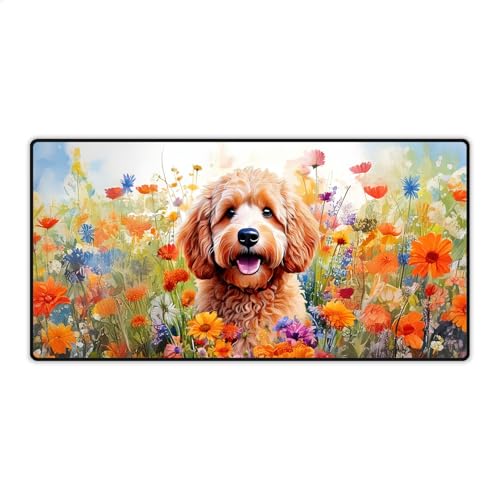 Welcome Spring Summer Goldendoodle Portrait Flower Blue Sky Desk Mat