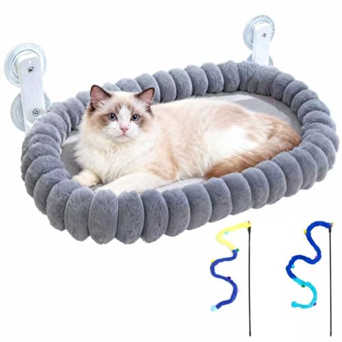 Collapsible Window Perch for Indoor Cats, Large Cats & Kittens - Equipped with a Cat-Catching Stick, Solid Metal Frame, Soft Cover, Strong 4 Suction Cup Wall Mount