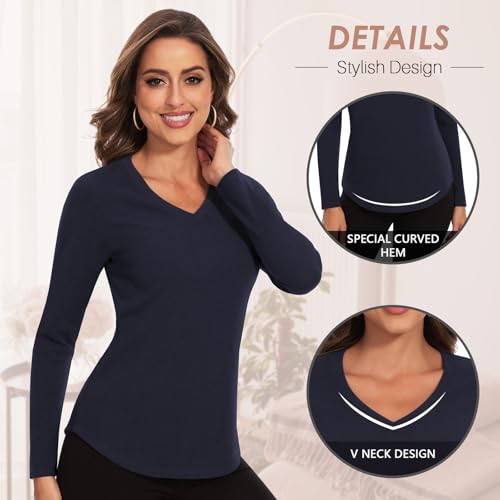 WOWENY Thermal Shirts for Women V Neck Fleece Lined Long Sleeve Base Layer Soft Warm Underwear Tops Cold Weather3