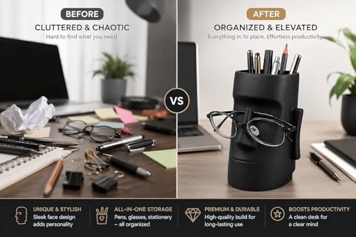 Image of Moai Desk Organizer with Eyeglass Holder - Silicone Pen Stand & Pencil Holder, Multifunction Stationery Organizer for Study Table, Office Desk & Home Storage (Multicolor, Pack of 1)